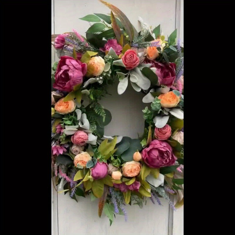 Elegant Peony & Roses Wreath with Pink, Purple, Peach, & Green Foliage - Durable Plastic Farmhouse Door Decoration for Spring Summer Home Decor, Contemporary Floral Wreath with Lush Foliage & Pastel Hues, Easy to Install with Adhesive/Screws, All-Season I