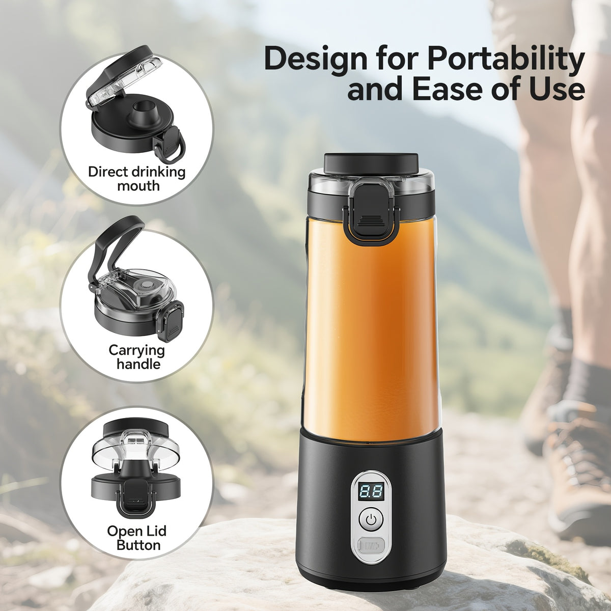 LALAYUAN USB-Powered Juicer & Juicer with Digital Timer, Battery Left Display, High-Speed Ice Crush, USB-C Fast Charge, One-Tap NO-Spill Lid, 6-Blade Stainless Steel - Smoothie Blender Portable, Protein Shakes, Gym, Travel Smoothie Maker