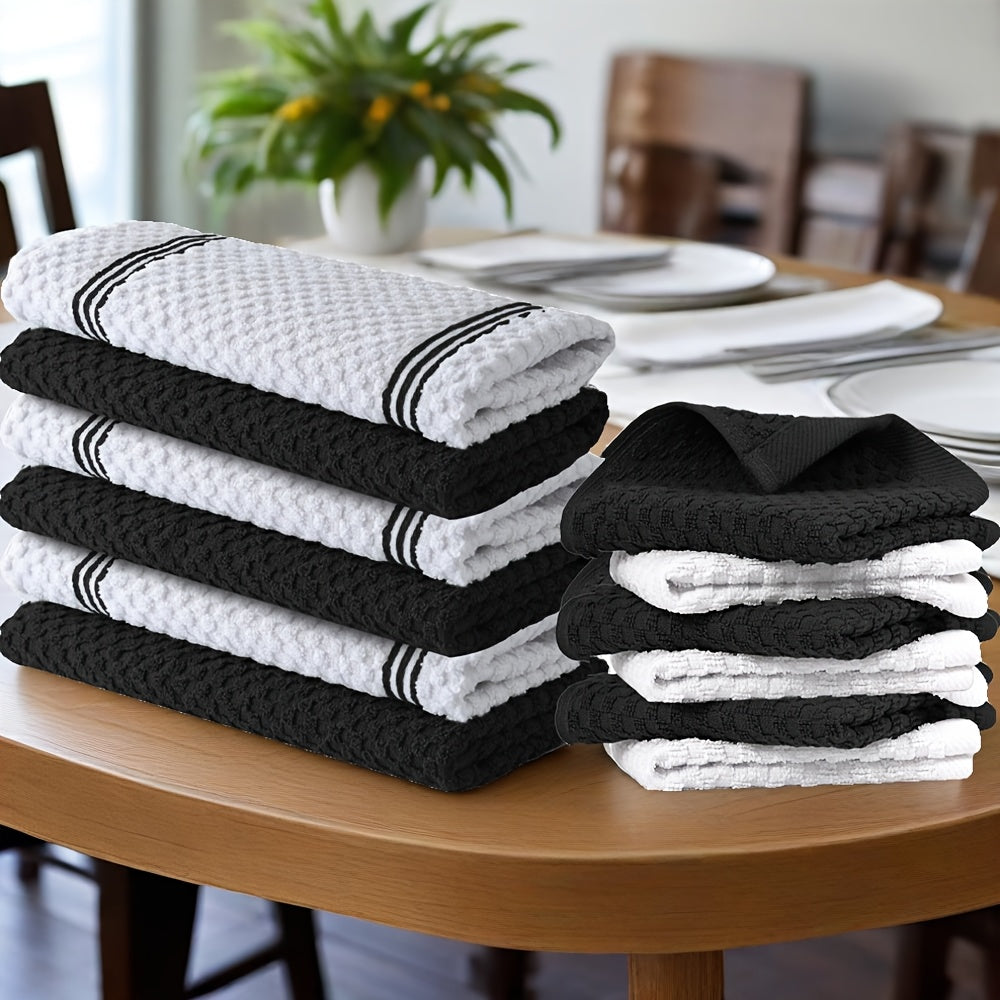 12pcs 100% Cotton Kitchen Towel Set | 6 Hand Towels (15" X 25"), 6 Wash Towels (12" X 12") - Striped Weave, Absorbent & Durable Dish Towels For Cooking, Cleaning & Drying - Perfect For Christmas & Holiday Kitchens