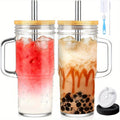 Glass Tumblers with Handles, 2 Pack 24 oz Mason-Style Drinking Cups with Bamboo Lids and Straws for Iced Coffee, Smoothies, Juice and Everyday Sipping