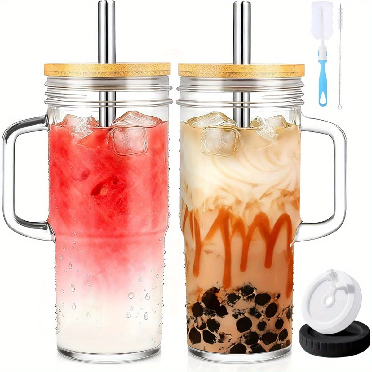 2/4pcs Tumblers with Lid And Straw - 24oz, with Bamboo Lid And Straw, Travel & Away Cups, Mason Glass Cup Drinkware Set, Free Sealed Silicone Lid & Straw Cleaning Brush!