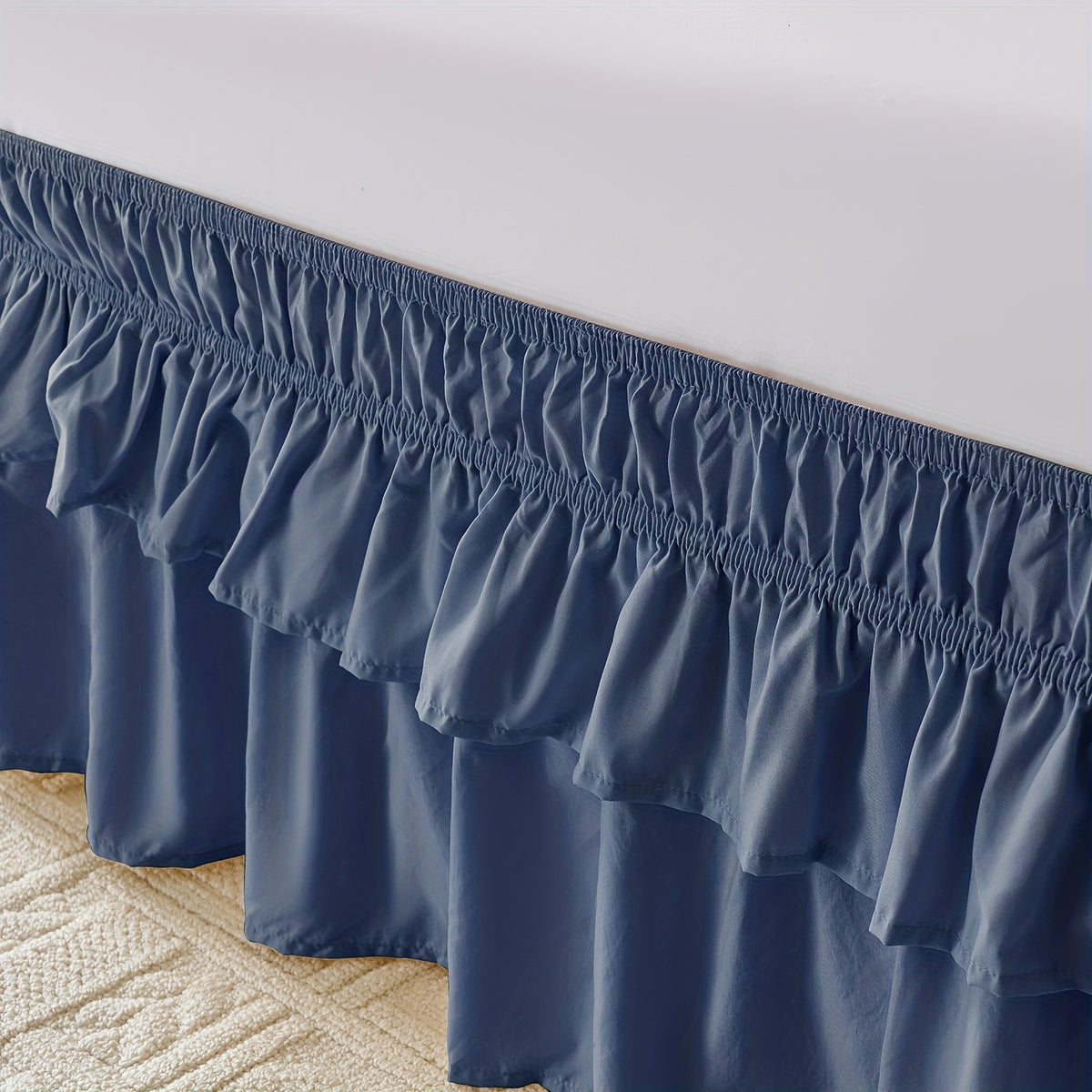 Double Ruffle Bed Skirt 16 Inch Drop, Elastic Wrap Around Bed Skirts For Twin Full Queen King Size Bed, Easy To Install Dust Ruffle, Machine Washable Soft Fabric, Multi Ruffle Bedskirt For Bedroom Bedding Home Decor