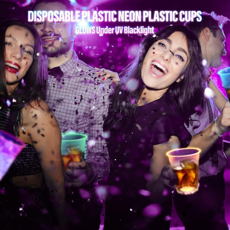 100pcs Plastic for Neon Cups, 12/16Oz Disposable Glowing Cups for Neon Party Decorations, Colorful Glow-In-The-Dark Suitable for Carnival Parties, Christmas, Thanksgiving, Halloween Holidays