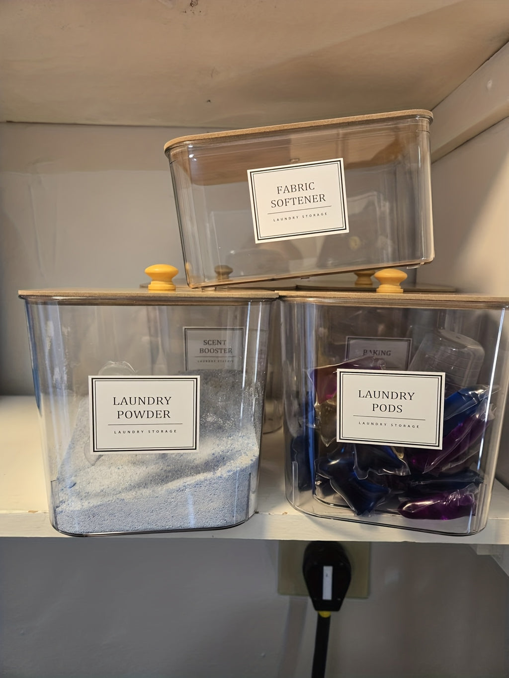 Laundry Storage Containers with Dryer Sheet Holder, Clear Laundry Room Organizer Set with Lids and Labels for Powder and Scent Boosters