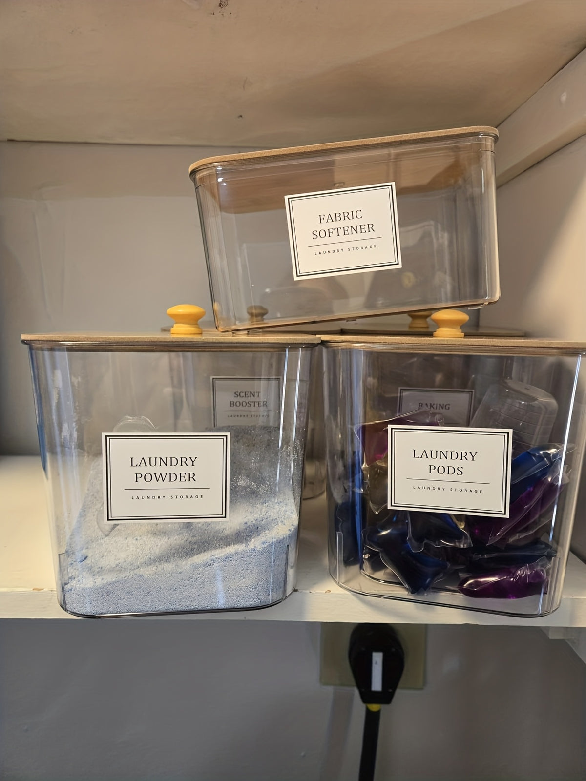 Laundry Storage Containers with Dryer Sheet Holder, Clear Laundry Room Organizer Set with Lids and Labels for Powder and Scent Boosters