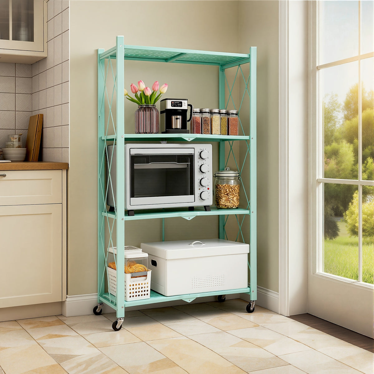 3/4/5-Tier Portable Multifunctional Storage Rack, Floor-Standing Storage Rack with Lockable Wheels, Space-Saving, No Assembly, Foldable Storage Shelf with Durable Carbon Steel Frame for Bedroom, Balcony, Garden, Standing Shelf