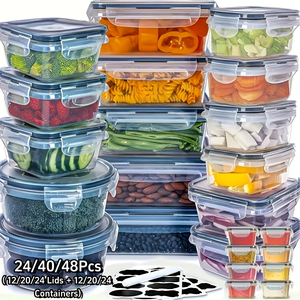 24/40/48pcs (12/20/24 Lids + 12/20/24 Box) Food Storage Container, Fresh-Keeping Boxes, Easy-To-Secure Lids- Airtight Plastic Containers for Food, Suitable for Pantry, Travel, Outdoor Picnics, Kitchen Organization Additions, with Labels Marke