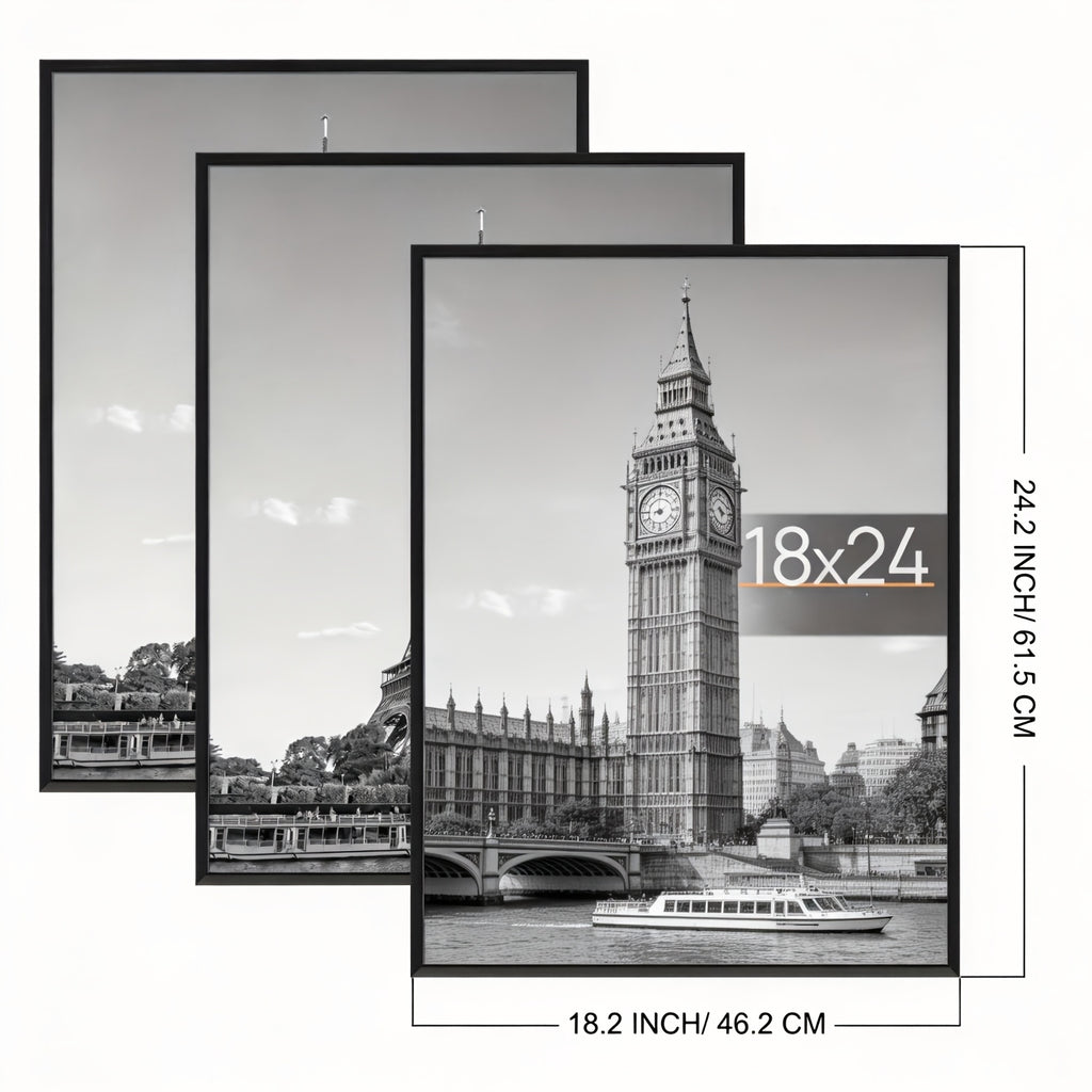 3 Pack 18x24 Black Picture Frame - Scratch-Proof Slide-In Frame with Horizontal/Vertical Wall or Tabletop Mount, Lightweight Plastic Poster Frames Suitable for Photos, Artwork, Movie Posters - Ideal Gift for, Office, Gallery
