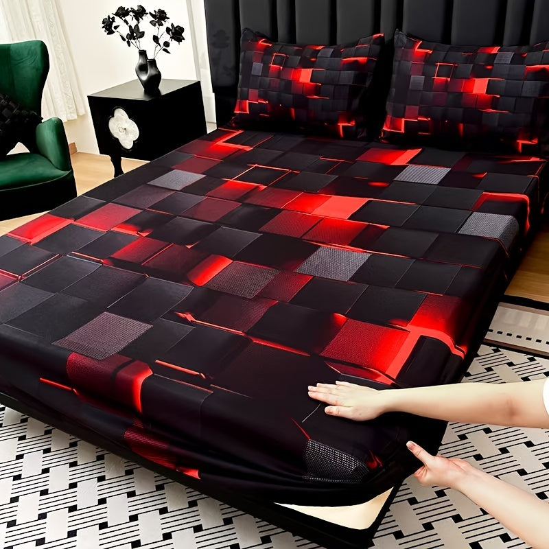 2D Flat 3pcs Cool Technology Digital Printing Material Plaid Fitted Sheet(1pc Bed Sheet+2pcs Pillowcase No Filling) Deep Pocket In 15 Inch, At Home Dormitory Suitable for All Seasons Mattress Protector