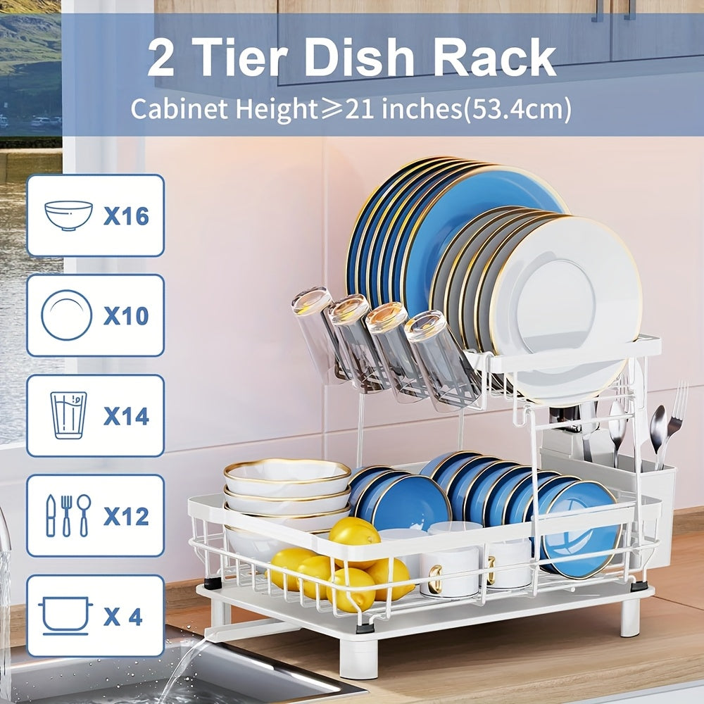 Dish Drying Rack, 2 Tier Dish Racks for Kitchen Counter, Large Stainless Steel Kitchen Dish Drying Rack, Detachable Large Capacity Dish Drainer Organizer with Utensil Holder, Drain Board