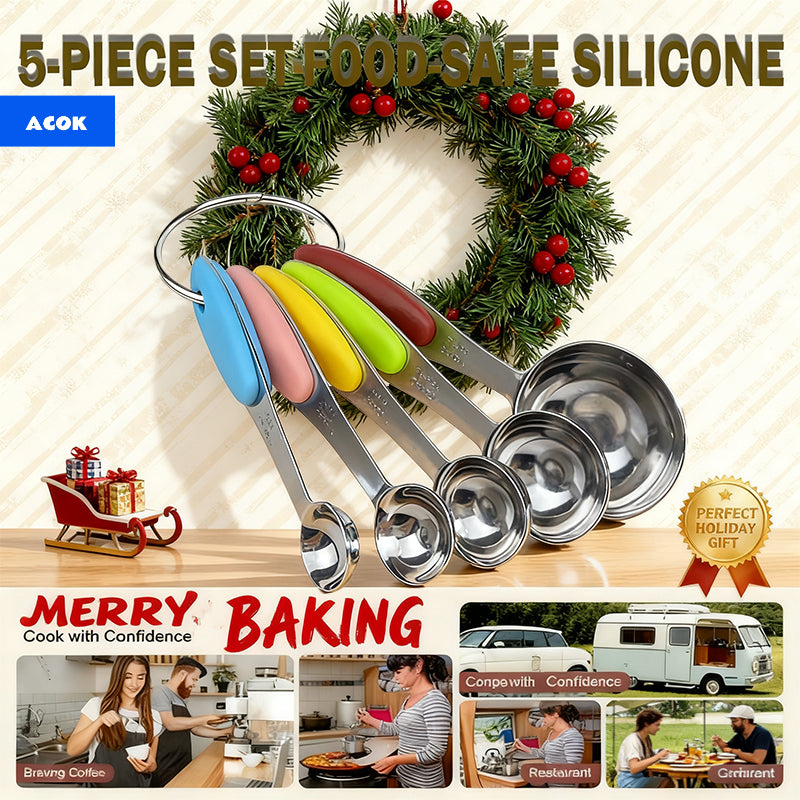 5pcs Measuring Spoon Set/10pcs Measuring Spoon Measuring Cup Set, Stainless Steel, With Silicone Handle, Precise Measuring Tool For Cooking | Essential For Christmas Baking