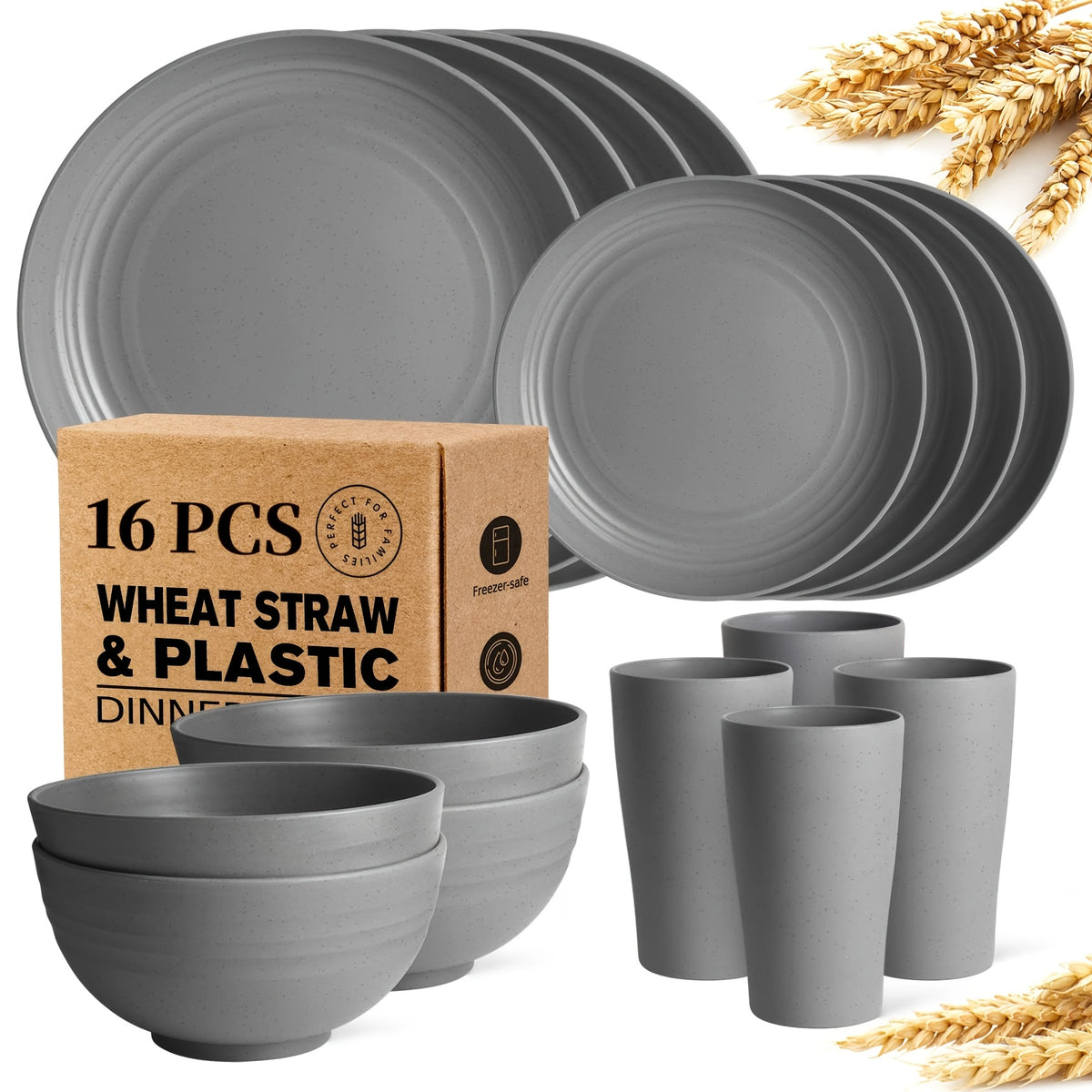 32/16pcs Wheat Straw Tableware Set, Round Plates, Dessert Plates, Bowls And Cups, Unbreakable Plates And Bowls Set, Service for 8/4, Dishwasher Safe, Durable And Lightweight And Easy-Clean for Kitchens, Rvs, Camping, And Outdoor Use
