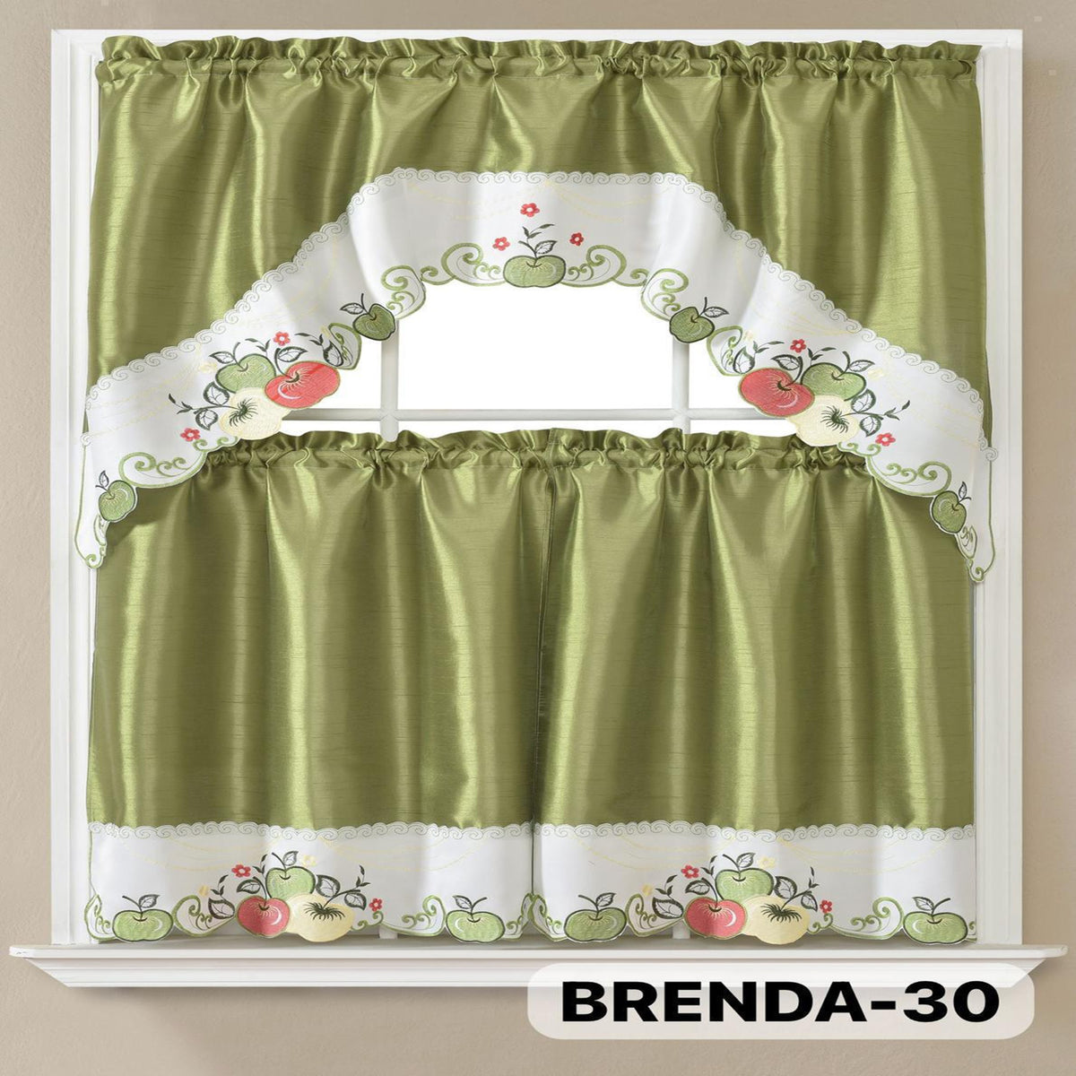 3pcs Bamboo Embroidered Kitchen Curtain Set, Floral Embroidery, Lightweight and Soft, Easy Care, Machine Washable, Satin Fabric, Embroidered