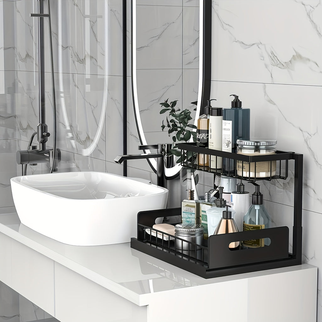 Two-Tier Under-Sink Organizer Featuring a Sliding Drawer, Metal Pull-Out Storage Rack for Kitchen, Bathroom, Or Closet, Designed for Space Efficiency And Easy Access
