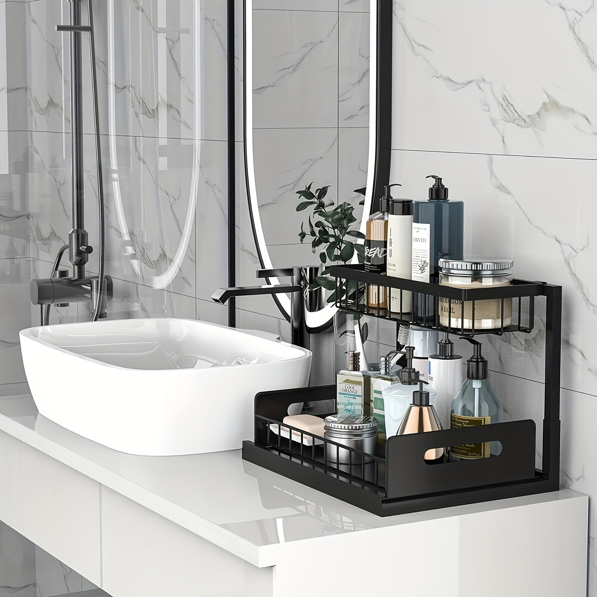 Two-Tier Under-Sink Organizer Featuring a Sliding Drawer, Metal Pull-Out Storage Rack for Kitchen, Bathroom, Or Closet, Designed for Space Efficiency And Easy Access