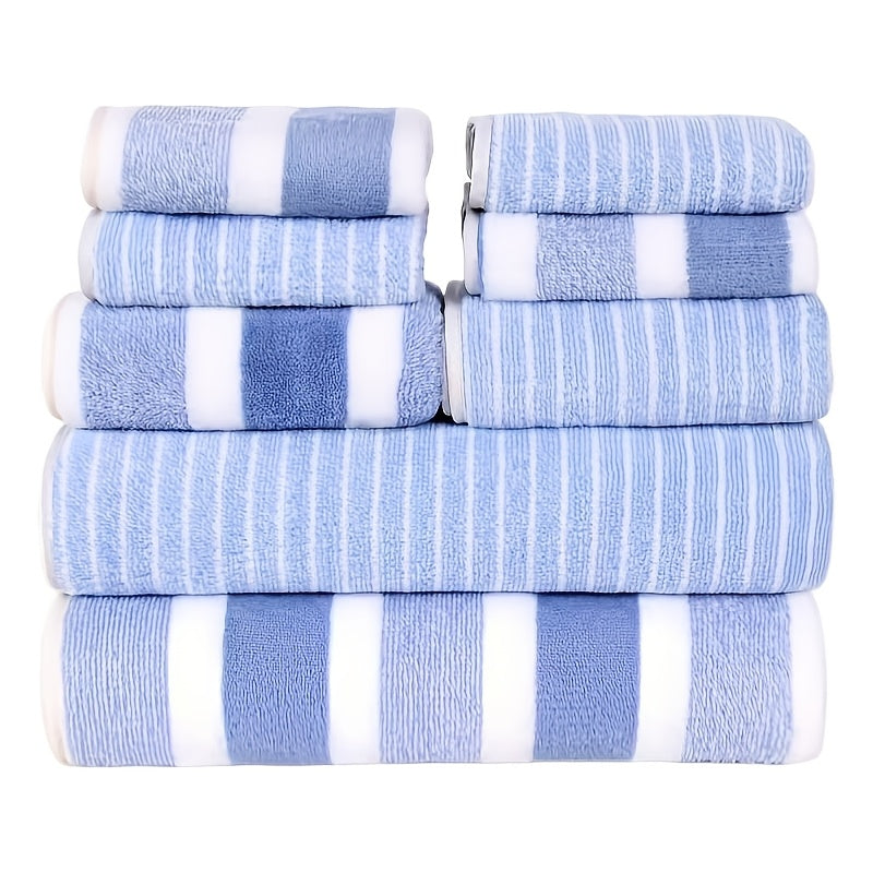 8pcs Set, No Hair Loss, Super Absorbent, Super Soft Two-Color Striped Interval Bath Towel Combination, Including 2 Large Bath Towels, 2 Large Face Towels, 4 Hand Towels