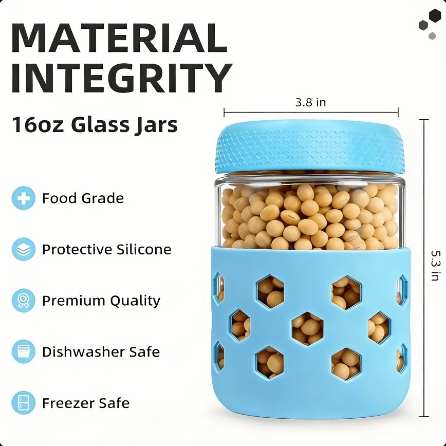6-Pack 16oz Glass Mason Jars with Silicone Sleeves, Airtight Overnight Oats Containers with Lids, Dishwasher Safe Leak-Proof Meal Prep Jars for Chia Pudding, Yogurt, Snacks