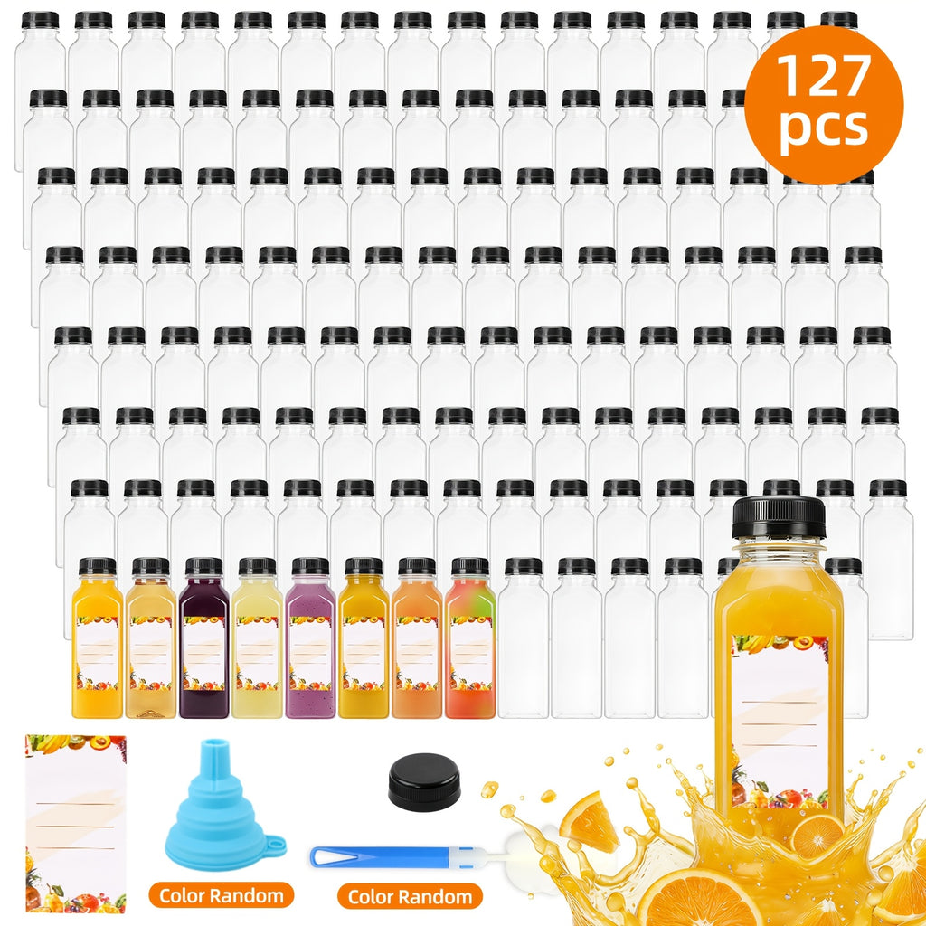 Of 127/140/141/199 Empty Plastic Bottles, Party Cups, with Tamper-Proof Black Caps, 1 Rubber Funnel&1 Sponge Brush(Random Color), 12Oz/16Oz Empty Plastic Juice Bottles with Caps, Bulk Clear Beverage Containers for Juicing, Drinking, Other Beverages