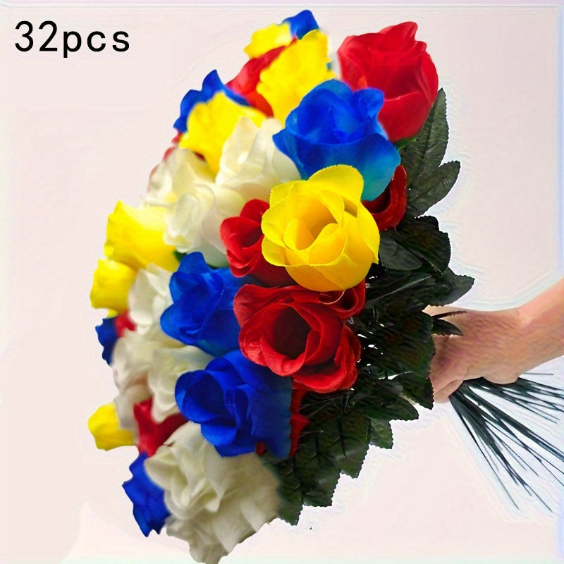 32pcs UV-Resistant Artificial Rose Flowers Bouquet - Realistic Outdoor/Indoor Suitable for Potted Plants, Balcony,, Decor - UV-Resistant Plastic Roses with Blooms, No Maintenance Fake Flowers for Porch, Courtyard (No Container)
