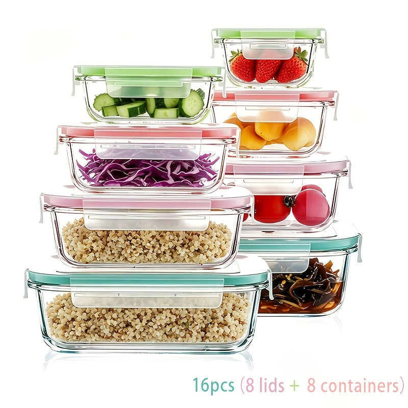 16pcs Sealed Glass Food Storage Containers, Lunch Boxes, Microwave Ovens, Ovens - Perfect For Salads, Fruits, Vegetables, And Sandwiches, Lunch Boxes | Sealed Storage | Durable Glass, Food Storage Containers (8 Lids+8 Containers)