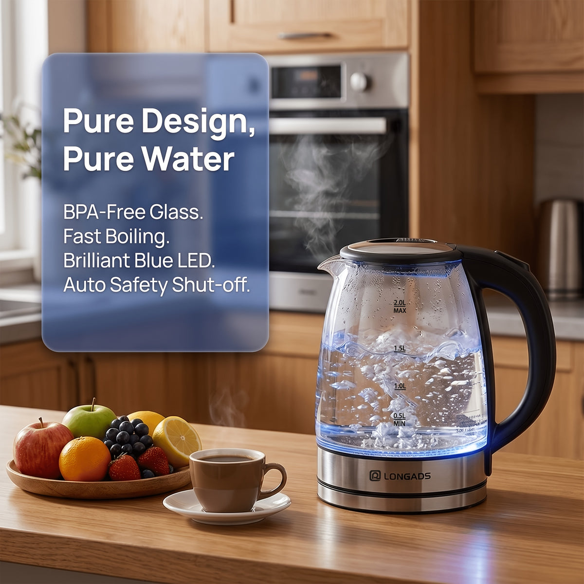 Electric Kettle, 67.63oz Large Capacity, Glass Electric Kettle, 1000W High Power, Anti-dry Burning And Rapid Heating, Suitable For Kitchen, Dining Room And Living Room, For Brewing Coffee And Milk, Saving More Heating Time And Being Safer.