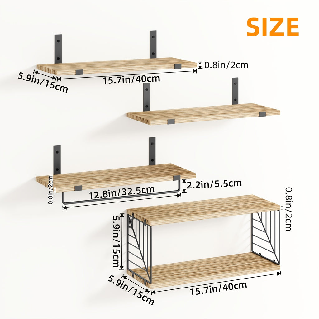TOMNK 3/4pcs Wall Mounted Floating Storage Rack, Rustic Wood Wall Shelf with Guardrail, Multifunctional Display Unit for Bedroom, Living Room, Bathroom And Kitchen