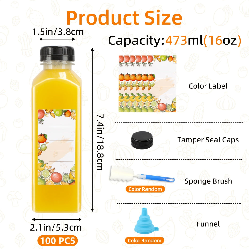 TOMNK 40pcs 12-Ounce / 100pcs 16-Ounce Chear Juice Bottles with Lids and Labels, Leak-Proof Bulk Drink Beverage Containers with Funnel and Brush(Color Random), Suitable for Water, Juicing, Smoothies, Coffee, and Other Beverages