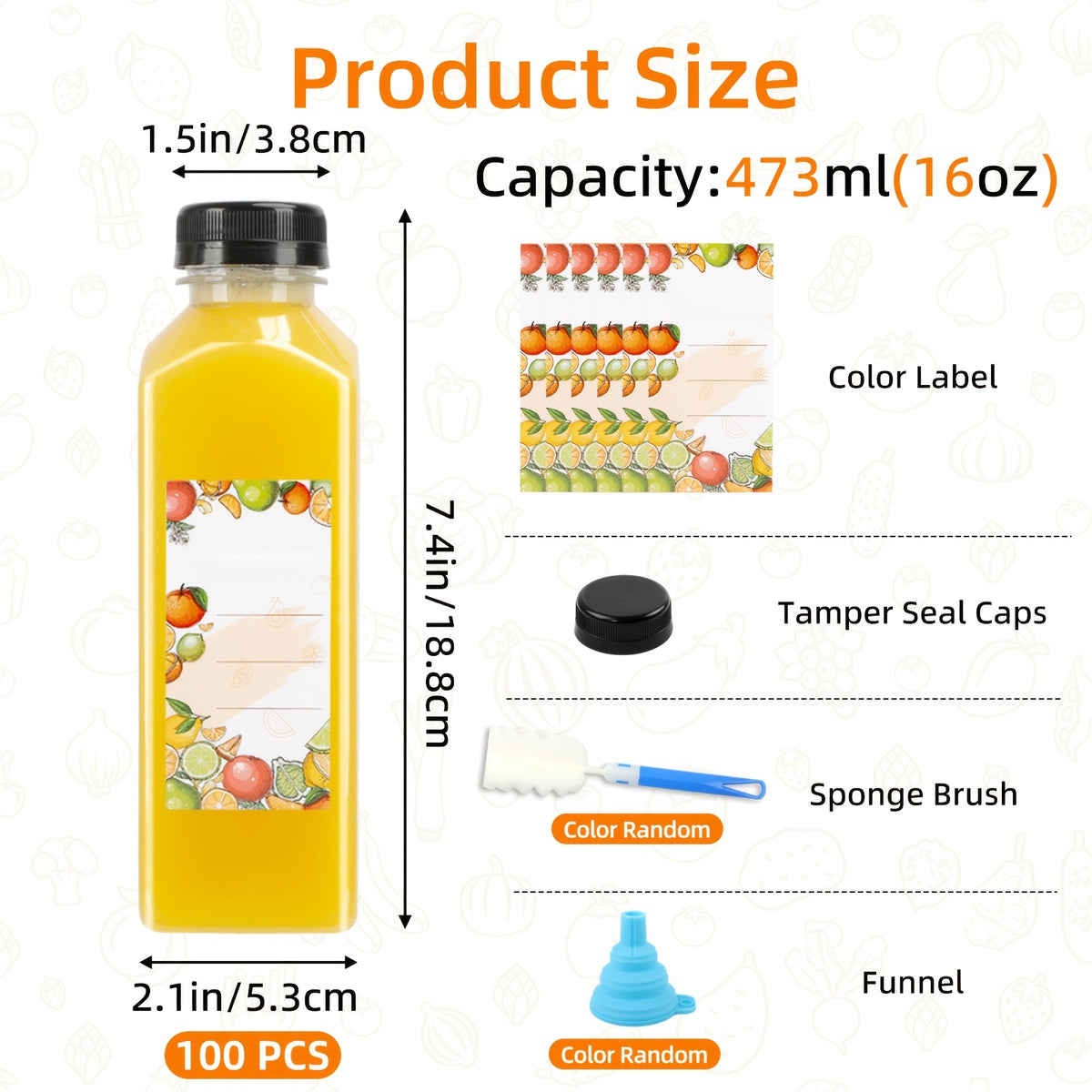 TOMNK 40pcs 12-Ounce / 100pcs 16-Ounce Chear Juice Bottles with Lids and Labels, Leak-Proof Bulk Drink Beverage Containers with Funnel and Brush(Color Random), Suitable for Water, Juicing, Smoothies, Coffee, and Other Beverages