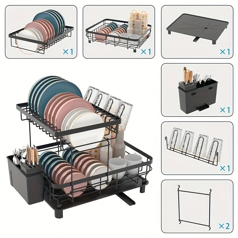 Dish Drying Rack, 2 Tier Dish Racks for Kitchen Counter, Large Stainless Steel Kitchen Dish Drying Rack, Detachable Large Capacity Dish Drainer Organizer with Utensil Holder, Drain Board