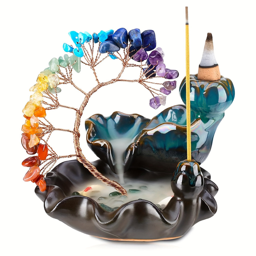 A Ceramic Incense Holder with 7 Flowing Water Crystal Money Trees, Suitable for Yoga Meditation And Home Decoration.