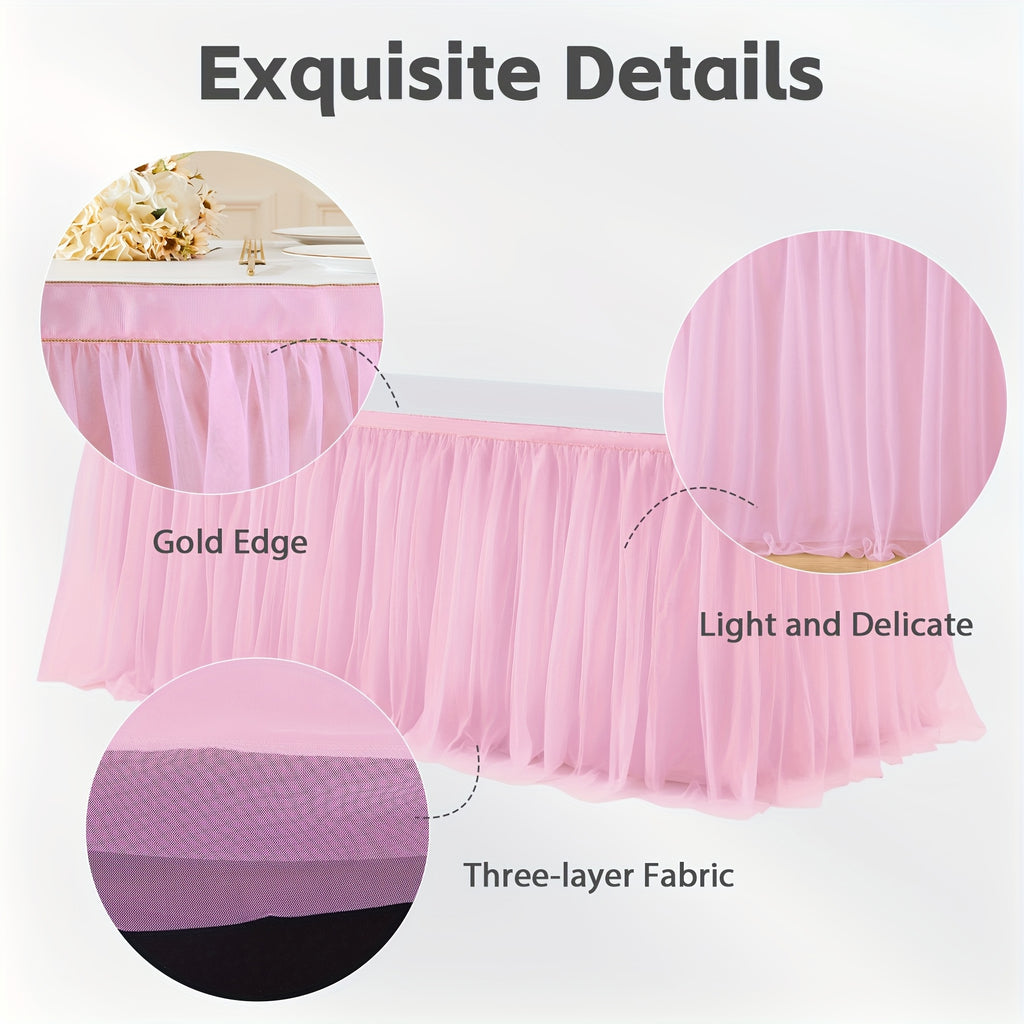 6Ft Pink Tulle Table Skirt Tablecloth, Pink Ruffle Tutu Table Skirts, for Rectangle Tables Or Round Tables Desk Skirt for Princess Birthday Party Cake Dessert Table Decorations Halloween, Christmas