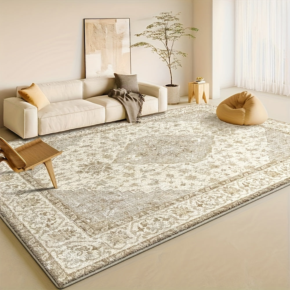 Plush Velvet Floral & Geometric Area Rug - 850 GSM Non-Slip Backing, Machine Washable Polyester - Soft Beige & Cream Design for Living Room, Bedroom, Office - Lightweight Decorative Floor Mat for Game Rooms & Home Decor