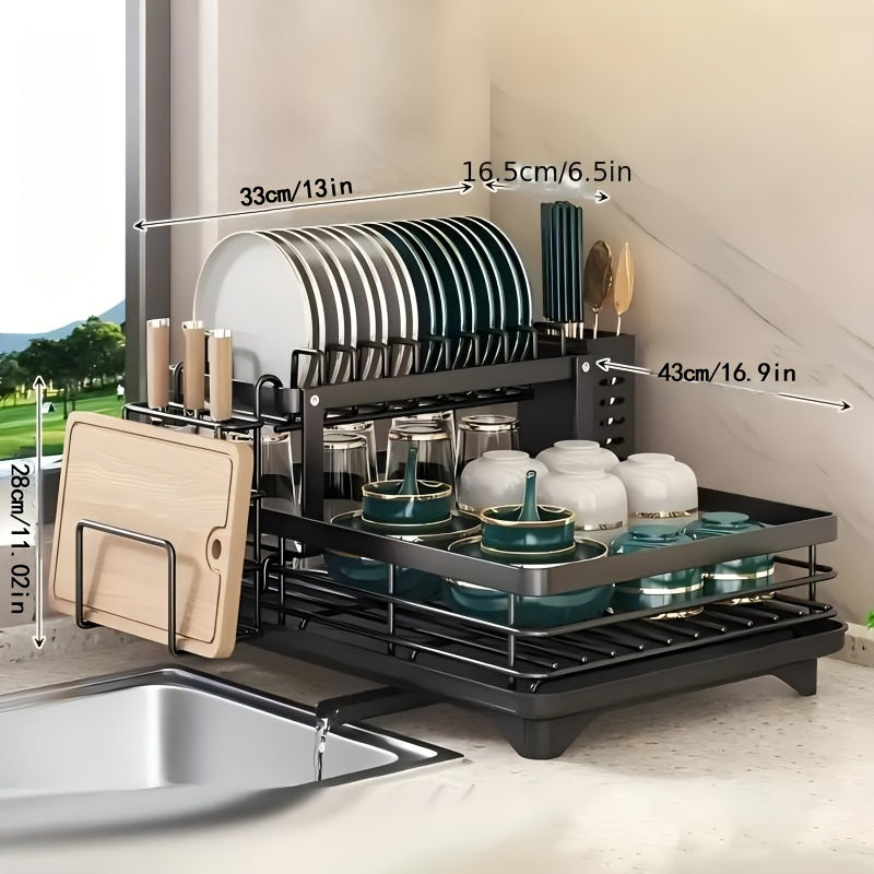 Dish Drying Rack, 2-Tier Dish Racks for Kitchen Counter, Dish Rack with Drainboard & Mat, Dish Drainer with Knife, Fork & Cup Rack, Gifts for Women, Mothers Day, Cool Stuff & Kitchen Gadgets