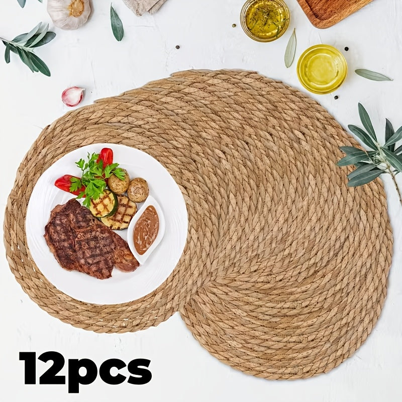 12pcs Natural Rattan Table Mats - Heat-Resistant Non-Slip Round Placemats, 11.8 Inches Rustic Bohemian Wicker Heat-Resistant Dish Mats For Kitchen & Dining Table, Holiday Party Decor (Christmas, Thanksgiving, Easter, Valentine's