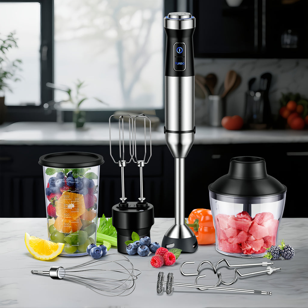 7-in-1 Immersion Blender Handheld 1000W 20-Speed & Turbo Mode, Scratch Resistance Hand Blender WIth Dough Hooks, Egg Beaters, Whisk, 27.05oz Beaker, 20.29oz Chopper Titanium Blades, BPA-Free