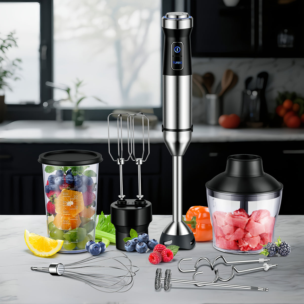 7-in-1 Immersion Blender Handheld 1000W 20-Speed & Turbo Mode, Scratch Resistance Hand Blender WIth Dough Hooks, Egg Beaters, Whisk, 27.05oz Beaker, 20.29oz Chopper Titanium Blades, BPA-Free