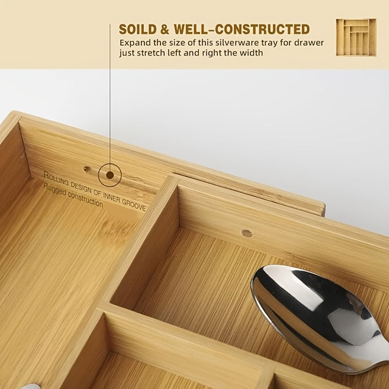 Expandable Bamboo Drawer Organizer - Adjustable Silverware Tray, Cutlery And Utensil Holder for Kitchen Drawer, Multi-Use Storage Tray for Office, Home
