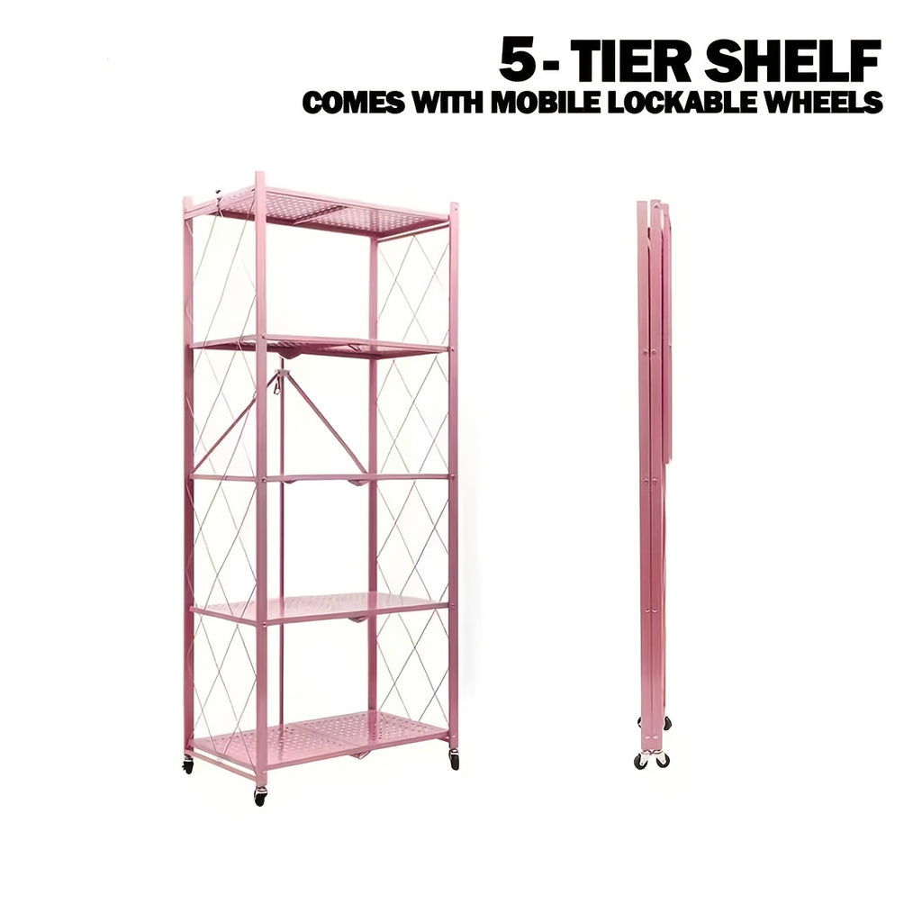 No-Assembly Rolling Storage Rack, 3 4 or 5 Tier Folding Metal Shelves with Locking Wheels in Pink, Green, Black or White for Kitchen and Dorm Organization