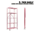 No-Assembly Rolling Storage Rack, 3 4 or 5 Tier Folding Metal Shelves with Locking Wheels in Pink, Green, Black or White for Kitchen and Dorm Organization