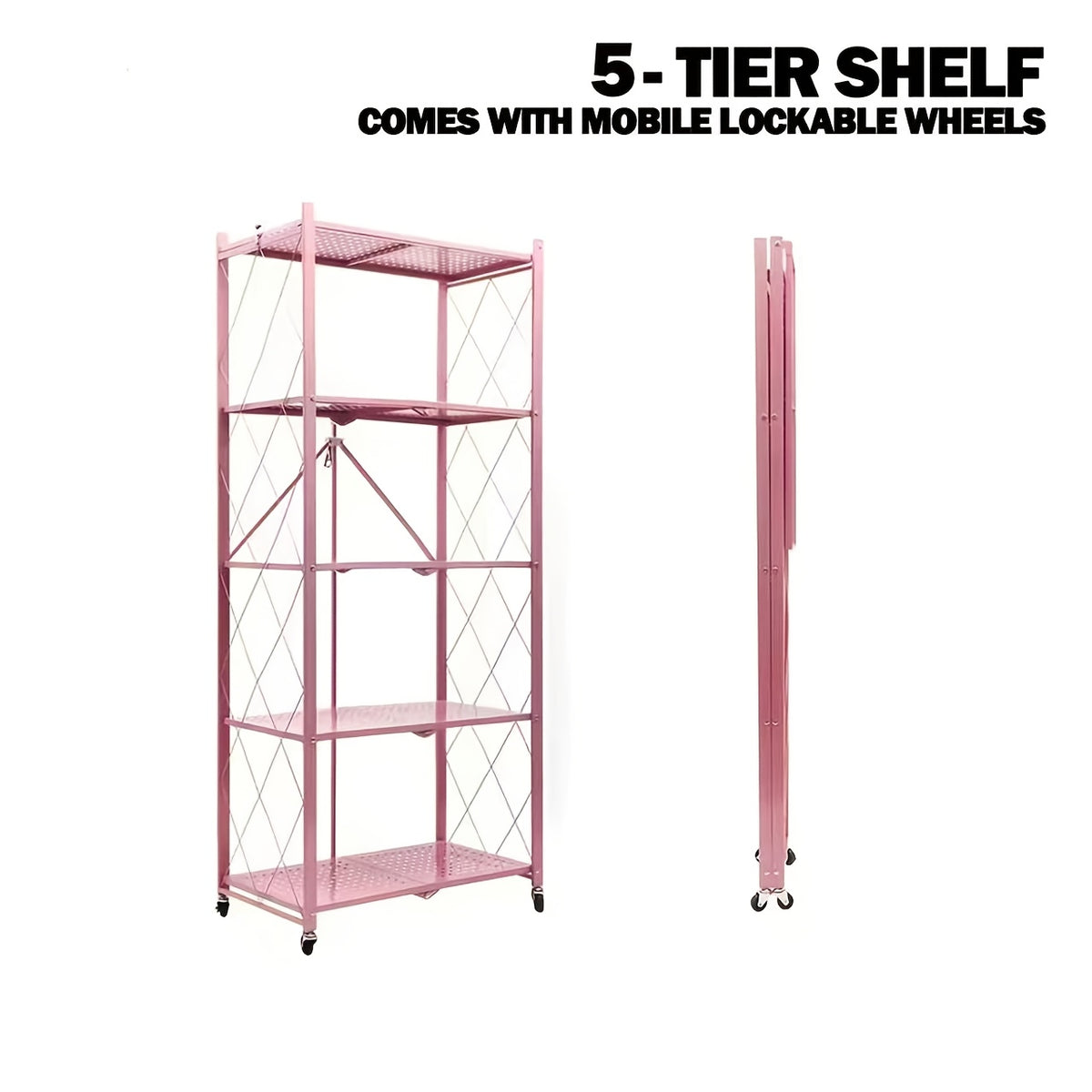 3/4/5- Tier Movable Vertical Multi-Functional Storage Racks, Portable Metal Folding Storage Racks with Locking Wheels, Large - Capacity Kitchenware Storage Racks That Require No Installation. Suitable for Families, College Dormitories