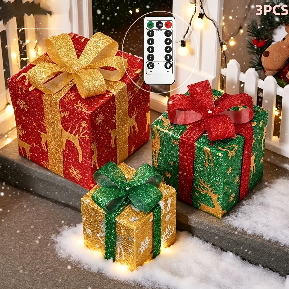 3-Pack 75-LED Christmas Gift Box Light Set - Warm Light Holiday Decoration, Indoor And Outdoor Use, IP66, with Remote Control And Timer, 8 Modes Flashing Gift Boxes, Home Ornament; Christmas Decoration, Outdoor Christmas Lights