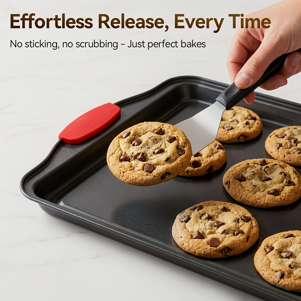 3pcs Nonstick Carbon Steel Oven Baking Pans Set With Detachable Silicone Handles, Premium Non-Stick Steel Bakeware Set, Commercial Grade Restaurant Quality Rimmed Sheets, Easy-Clean Baking Trays For Cookies, Pizza, Cake & Home Kitchen Use