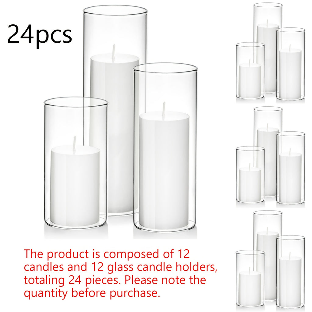 White Pillar Candles with Clear Glass Hurricane Holders- Elegant Cylinder Candle Vases for Weddings, Parties, Centerpieces, Home & Office Decor
