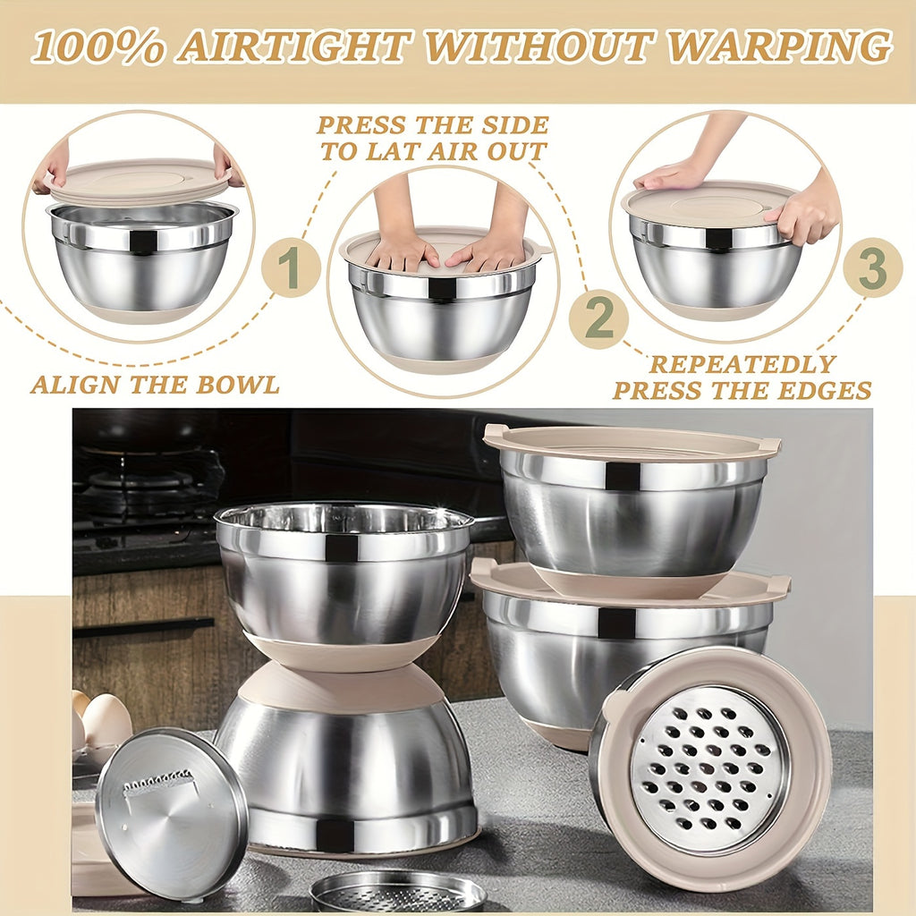 26pcs Stainless Steel Mixing Bowl Set With Sealed Lid And Anti Slip Silicone Bottom, 6 Bowls 4.5, 3.6, 2.7, 2.1, 1.7, 1.1QT Sizes+kitchen Tools, Suitable For Baking, Salad Making, Mixing, Kitchen Tidying, Christmas, Father'S Gifts, Gifts For Men