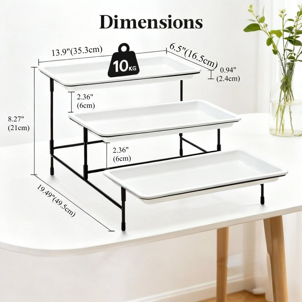12" x 6.5" Platters for Serving Food, 3 Tier Plastic Serving Tray for Party Supplies, White Reusable Trays with Metal Display Stand for Veggie, Fruit, Dessert
