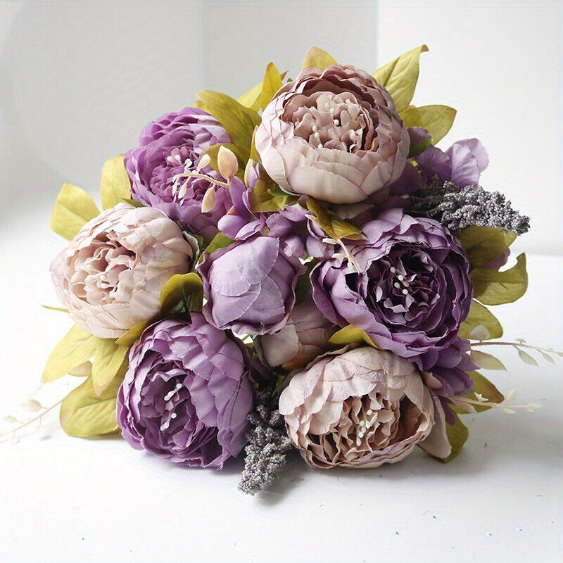 13-Head Artificial Peony Bouquet with Realistic Blooms & Lush Green Foliage - UV-Resistant Plastic Flowers with Sturdy Stems, Multi-Color Options (Pink, Red, White, Blue, Purple, Yellow, Lavender, Peach, ) for Weddings, Home, Garden, Office Decor - Indoor