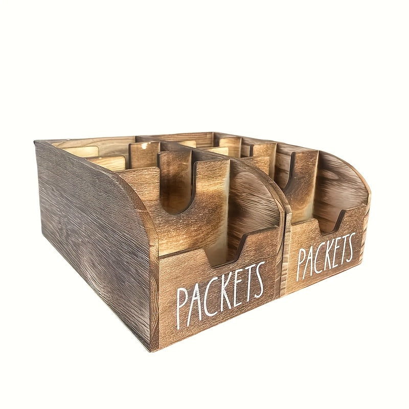 Divided Wooden Spice Box, Vintage Rustic Packet Organizer in Black or Brown with Single and 2-Piece Options for Kitchen Counters and Packaged Snacks