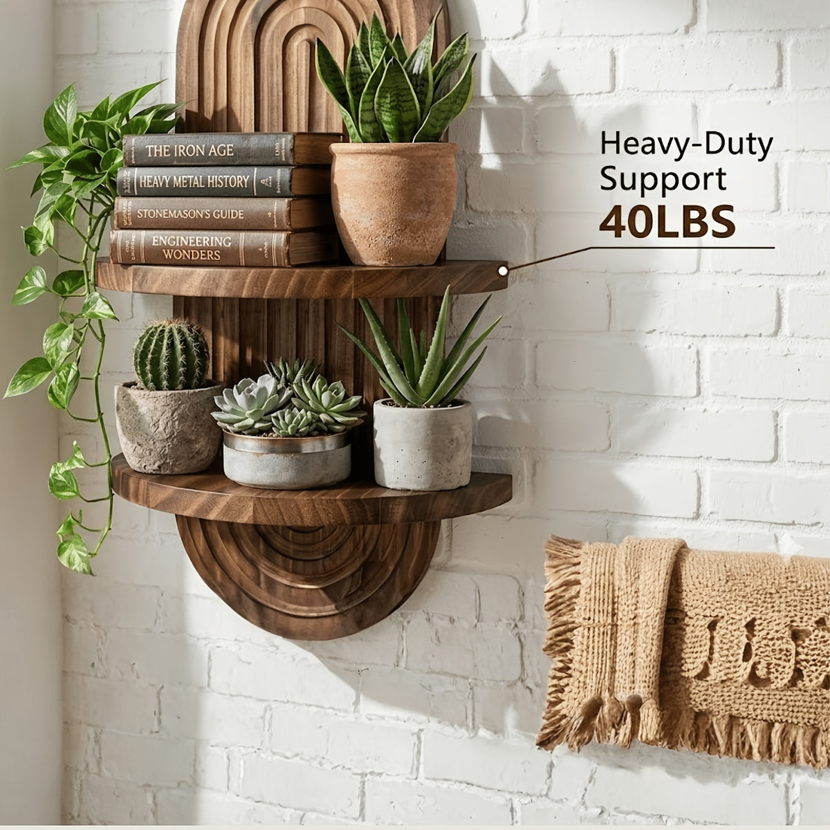 2-Tier Rustic Wood Floating Shelves for Wall, Hanging Plant Shelf Indoor, Wall Mounted Flower Pot Display Rack, Kitchen Storage & Living Room Decor, Window Sill Plant Stand, Bedroom & Entryway Organizer, Suitable for Outdoor Entrance Decoration