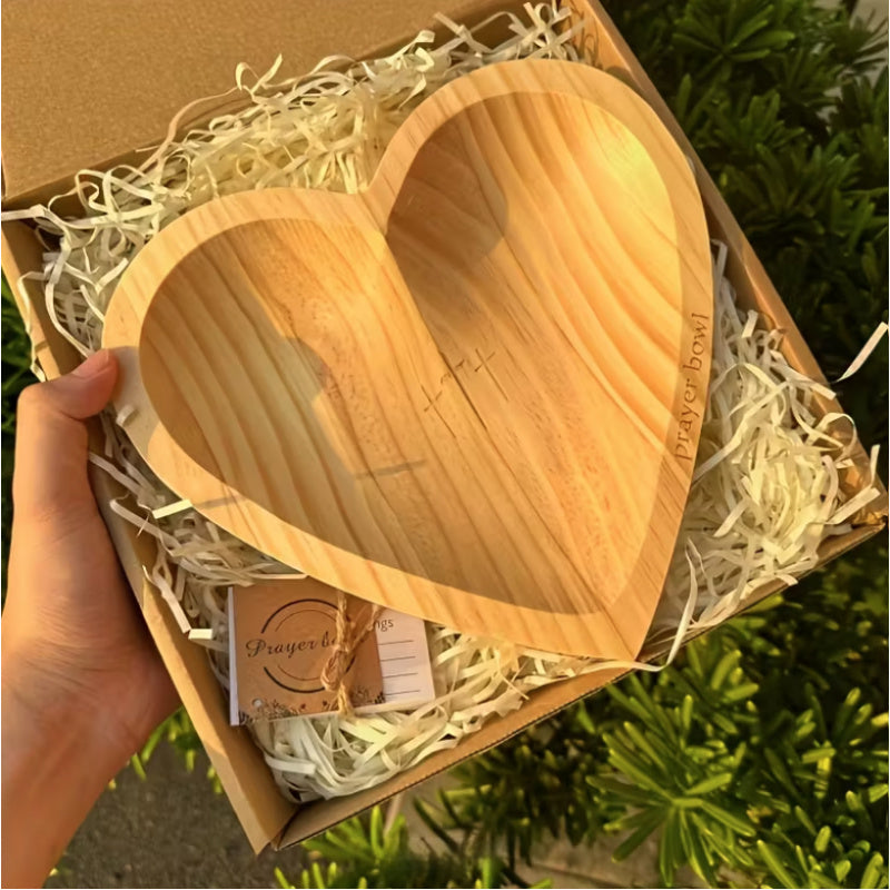 Easter Retro Wooden Heart Prayer Bowl And 30 Prayer Card Set, Handcrafted Decorative Bowl, Wooden Heart-Shaped Prayer Bowl with Carved Cross And "Prayer Text" -Perfect Home Decor, Kitchen Food Rack