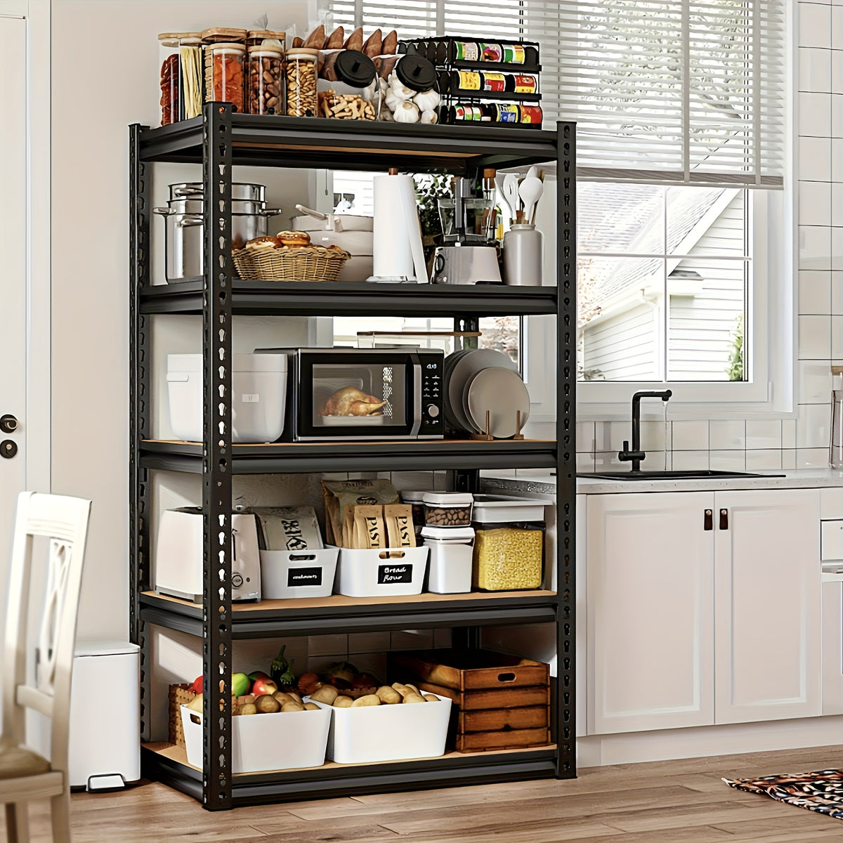 REIBII 2000LBS for garage Shelving Storage Shelves Heavy Duty 5-tier Metal Shelving Units For Garage Shelves 60" H X 28" W X 12" D, Adjustable Utility Shelf Rack For Kitchen Warehouse Basement Pantry Utility Rack Shelf, Black, Standing Shelf